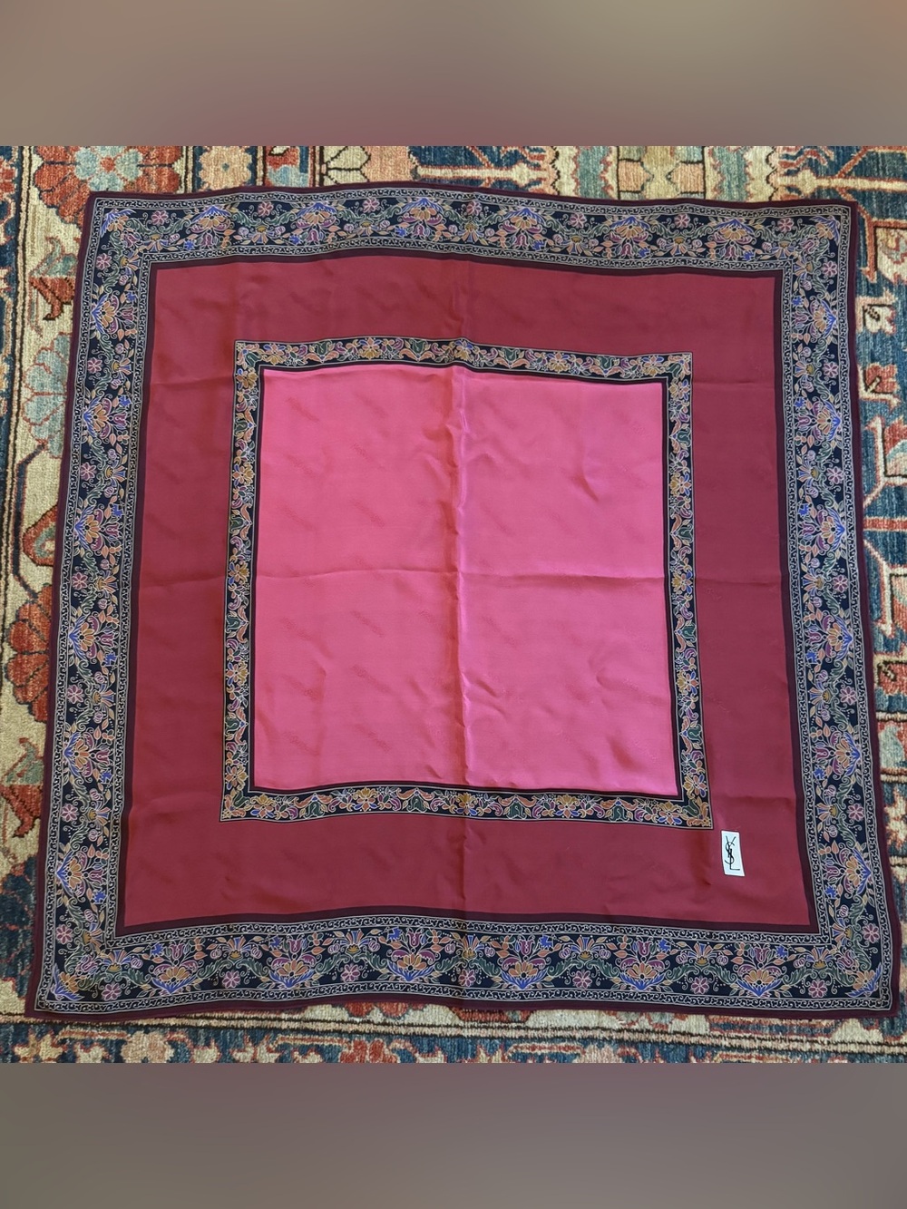 Vintage Yves Saint Laurent Pink Center and Burgundy Border Floral Silk Scarf